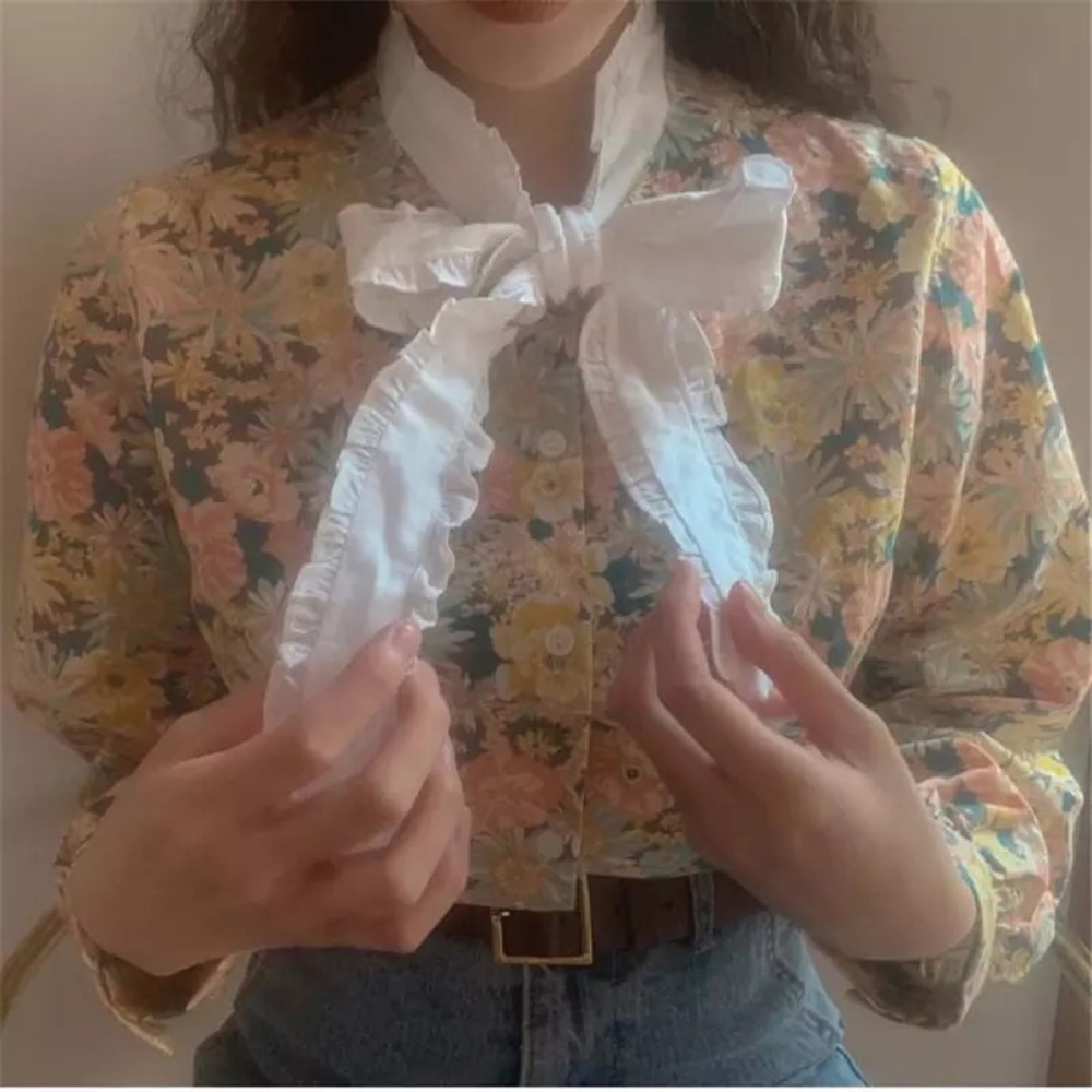 Floral blouse shirt button long sleeve bow tie flower top pink multicolor - Picture 3 of 4